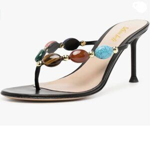 miss left Women Jewelled Open Toe Flip Flops Thin High Heel Sandals Summer Black